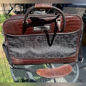 Brighton Brown Faux-Croc Travel Briefcase with Black Patterned Panel